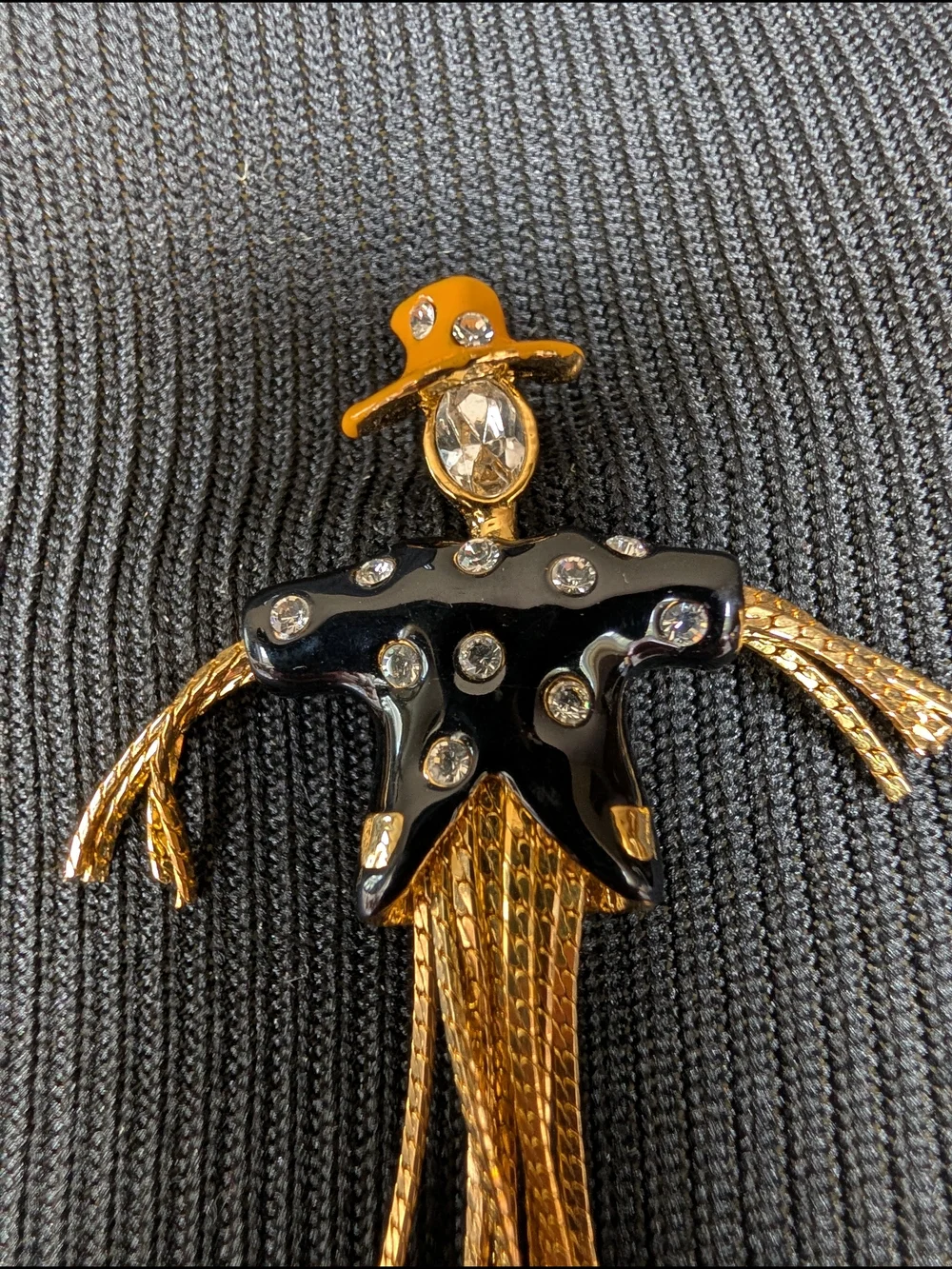 Scarecrow Brooch Lapel Pin Chain Legs & Arms Orange Hat Black Shirt Faux Gems 2